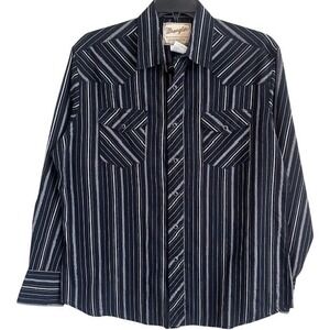 Wrangler Men's Western Fashion Snap Shirts Black Striped Metallic Button Up LG